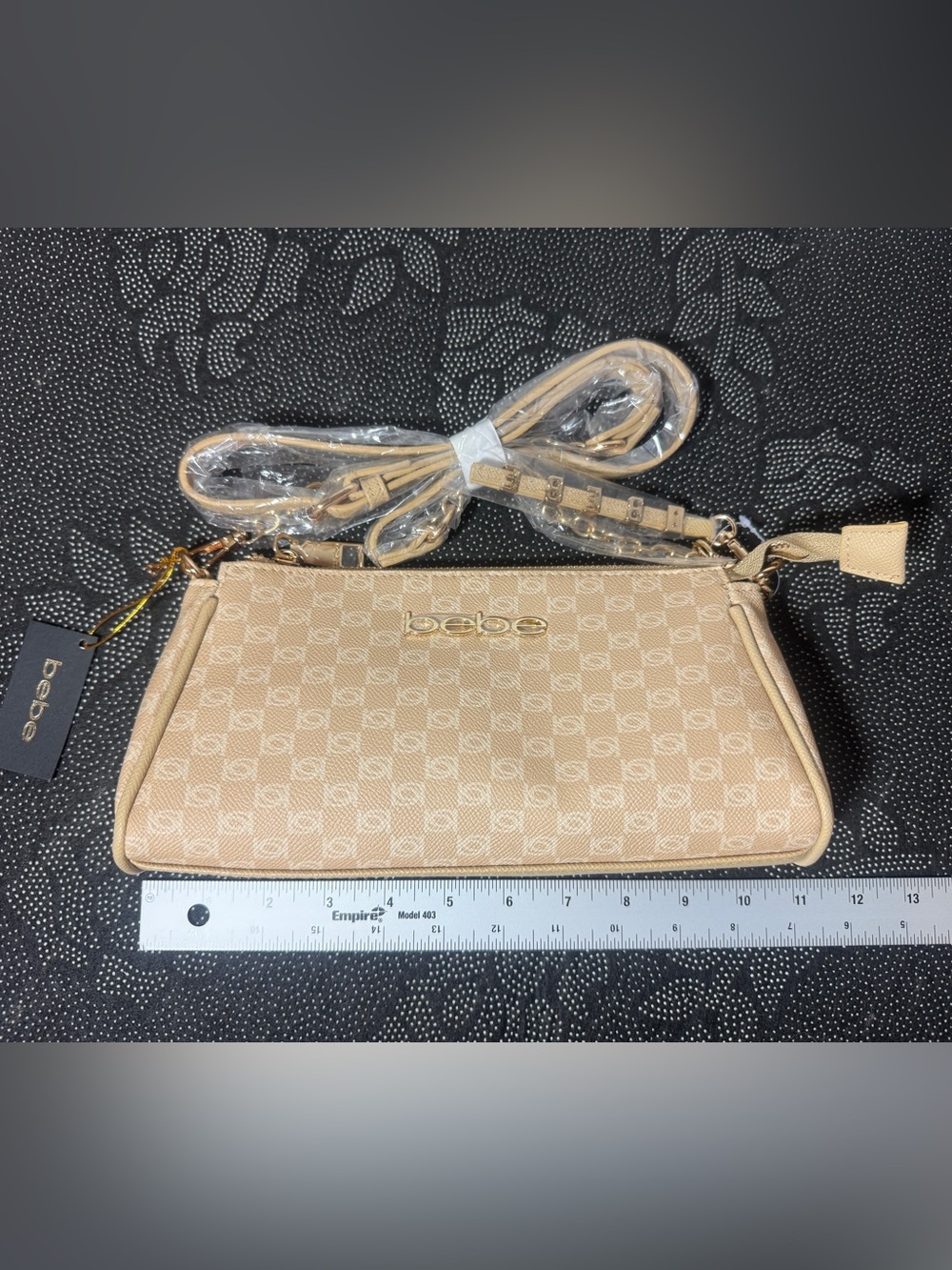 bebe Neutral Beige Patterned Crossbody with Gold Logo